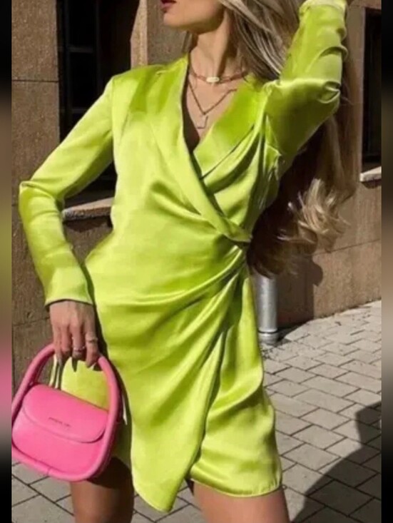 Zara Dresses & Skirts - Zara Lime Satin Wrap Long Sleeve Mini Dress M